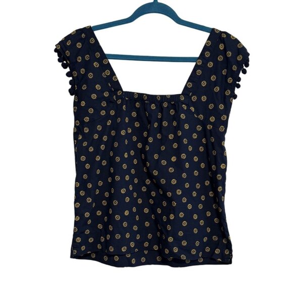 J. Crew Womens Floral PomPom Trim Cotton Blend Square Neck Top NavyYellow Size 4 - Picture 3 of 6